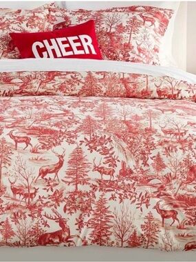 POTTERY BARN ALPINE RED TOILE STAG DEER FOREST KING DUVET & 2 STANDARD SHAMS